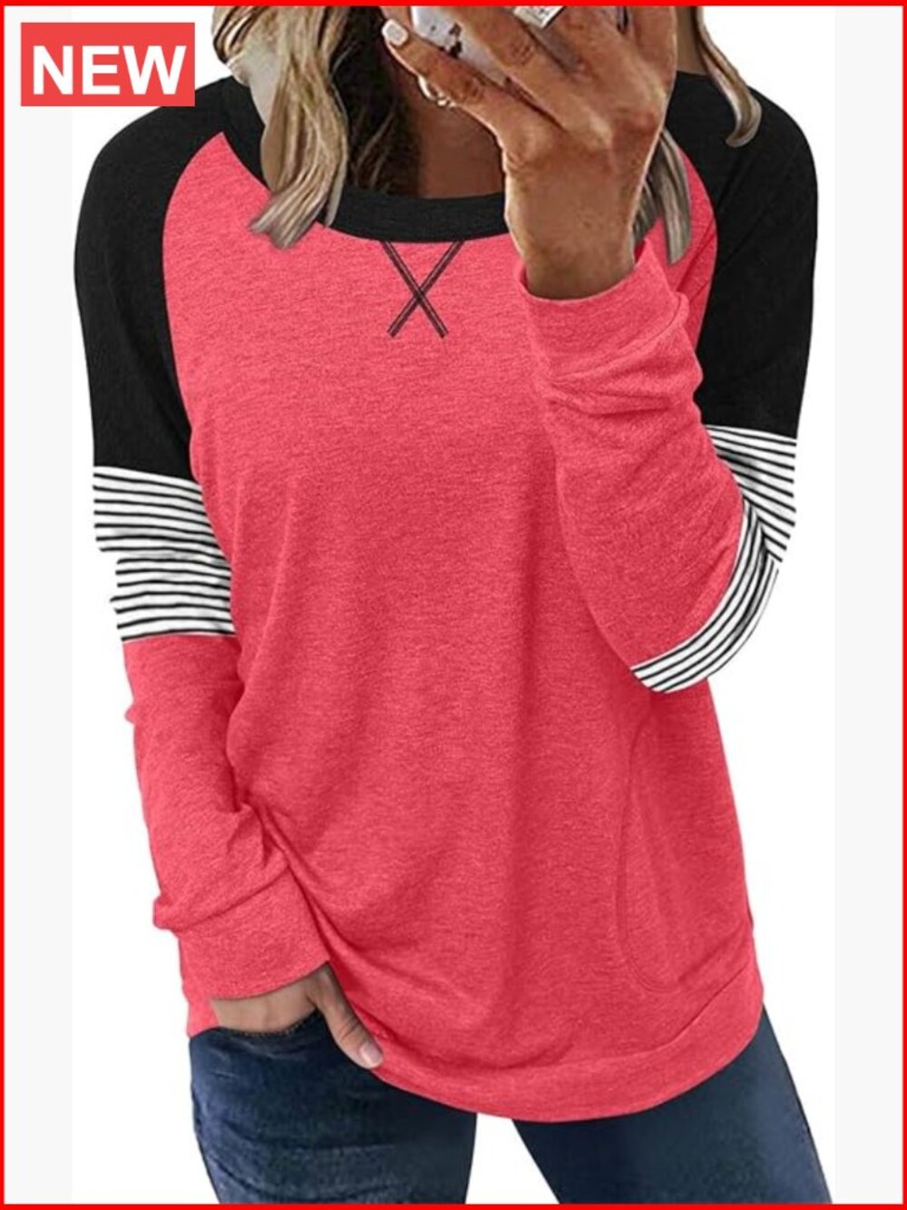 Long Sleeve Tunic Top with Pockets, Cotton Blend Fabric